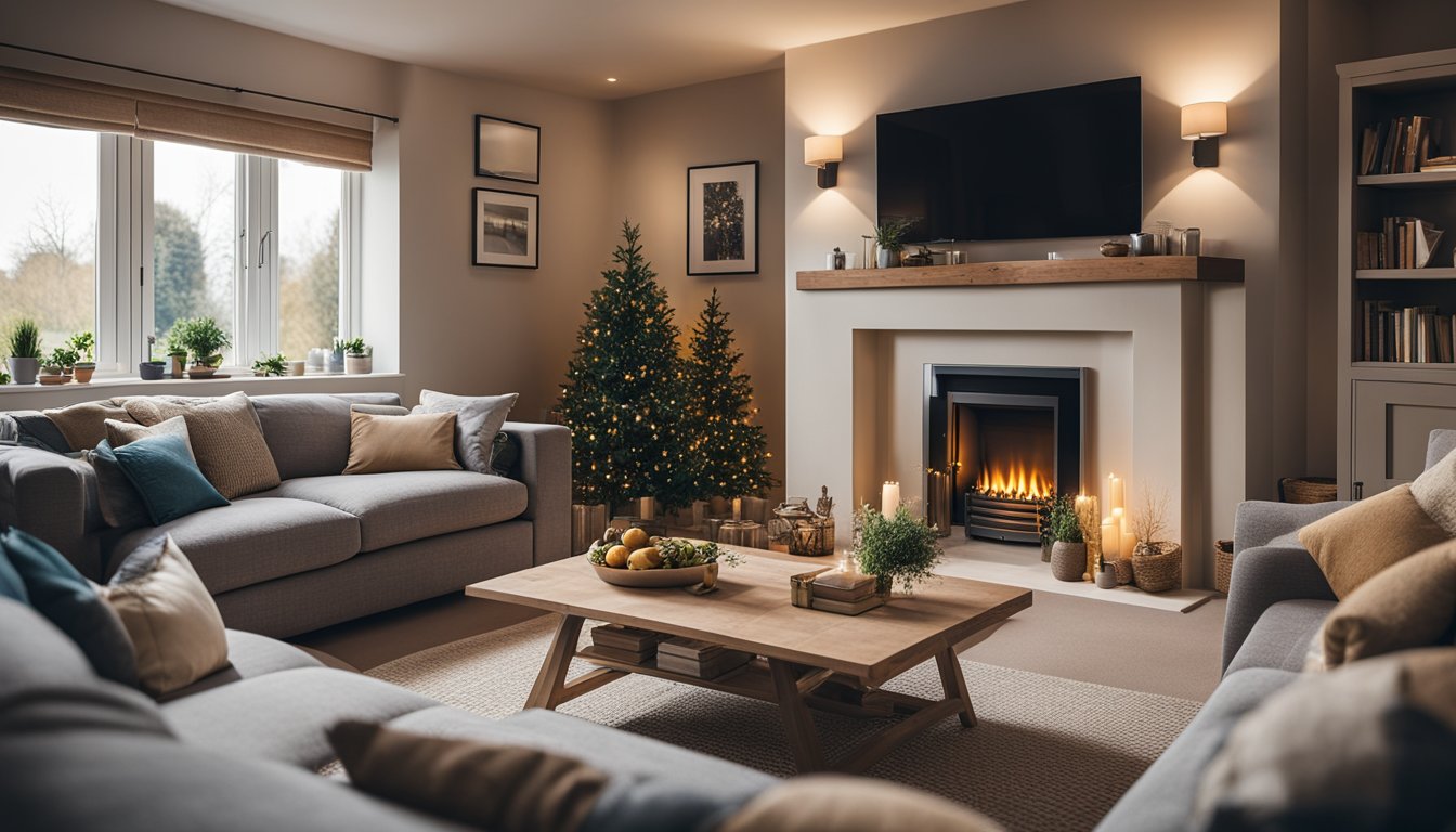 A cozy living room with a smart energy management system controlling lights, heating, and appliances in a rural UK home