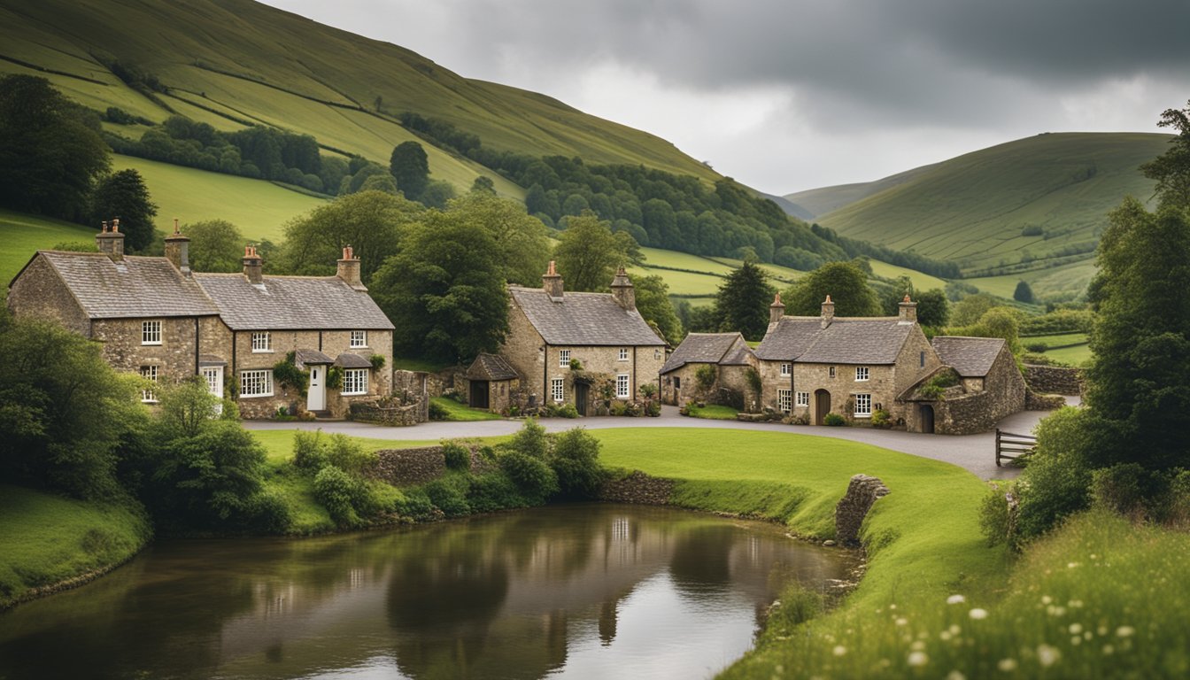 A remote UK village with a small hydroelectric dam nestled in a lush, green valley, surrounded by quaint stone cottages and rolling hills