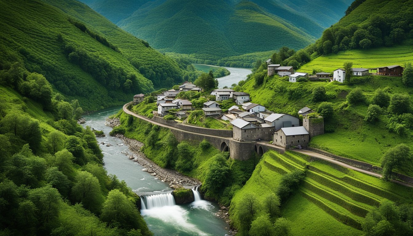 A small, isolated village nestled in a lush, green valley with a river flowing through it. A hydroelectric dam stands tall, providing renewable energy to the remote community