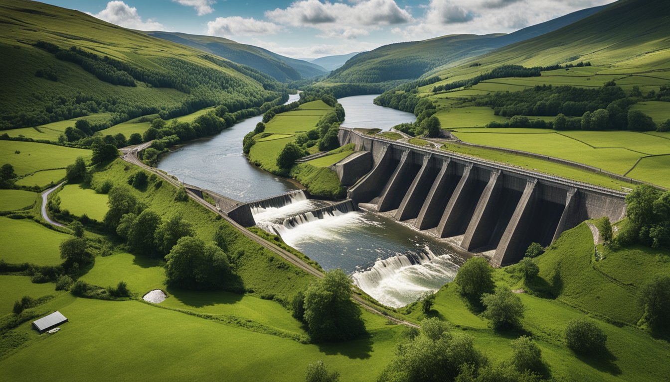 A remote UK community with a small river flowing through the lush green landscape, surrounded by mountains, with a newly constructed hydroelectric dam and power lines