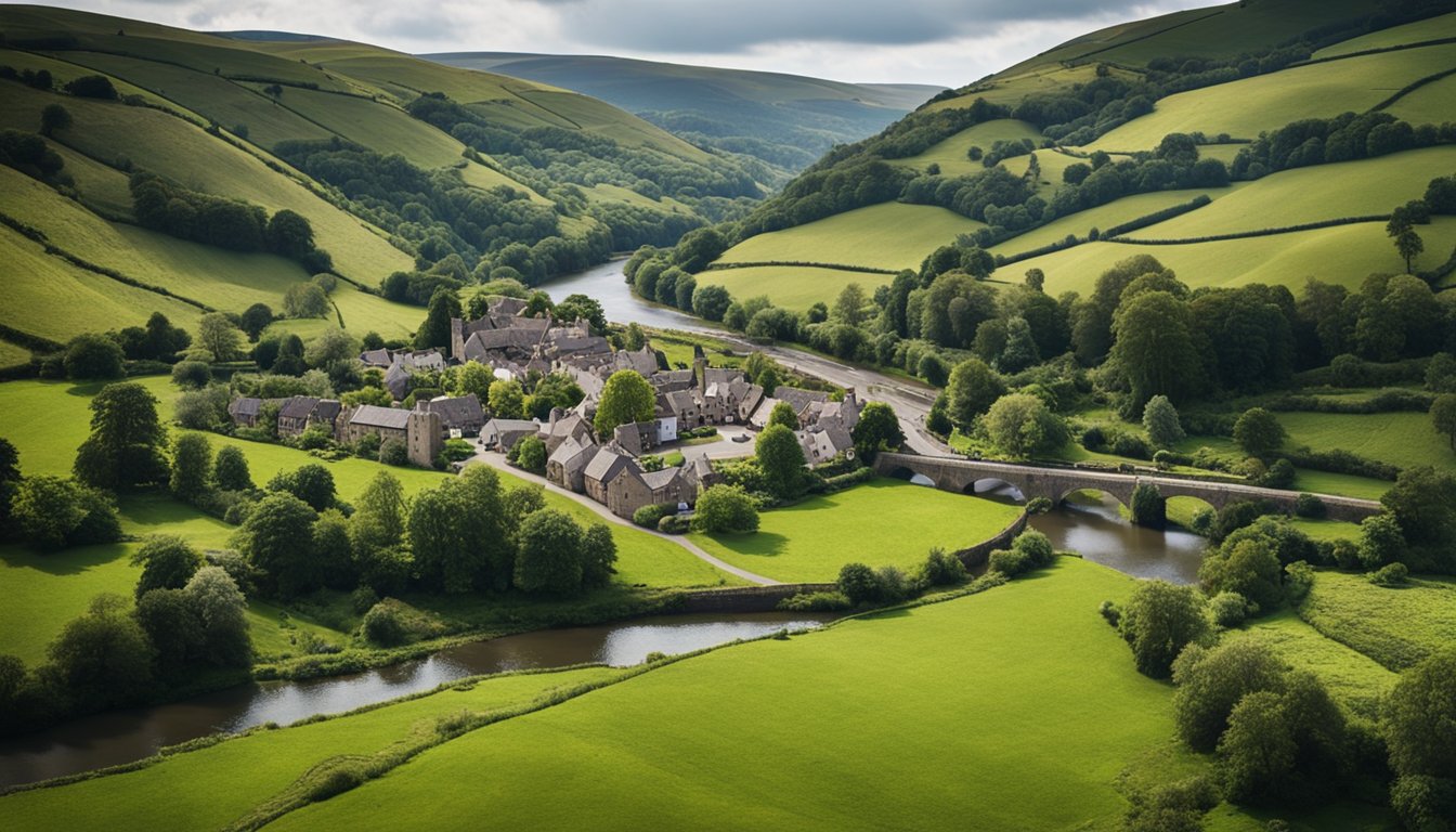 A rural village nestled in the lush hills of the UK, with a river flowing through it and a small hydroelectric dam providing power to the community