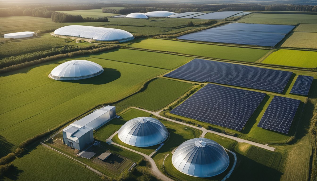 A futuristic farm in the UK with automated machinery, high-tech sensors, and drones monitoring crops. Greenhouses and solar panels dot the landscape