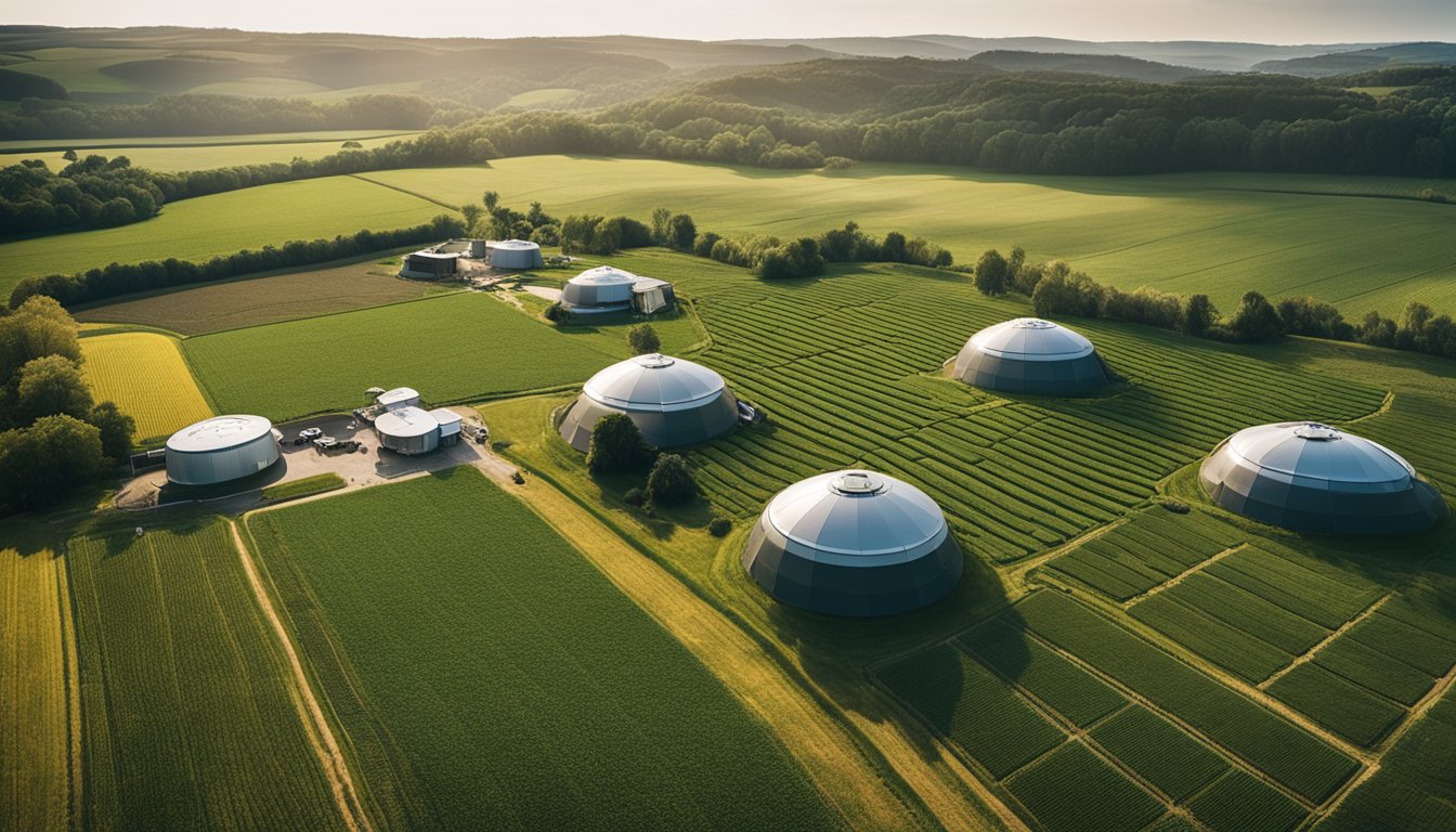 A futuristic farm landscape with advanced machinery, drones, and sensors integrating digital technology into agricultural practices in the UK