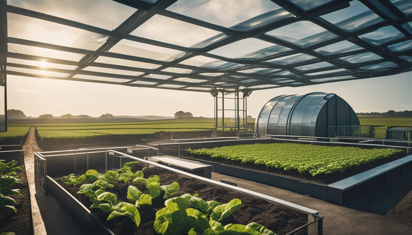 A futuristic farm in the UK with advanced technology, green energy sources, and sustainable farming practices