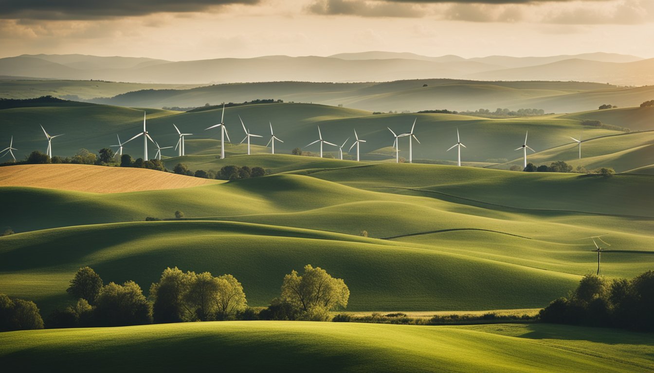 A rural landscape with rolling hills, dotted with wind turbines, under a cloudy sky