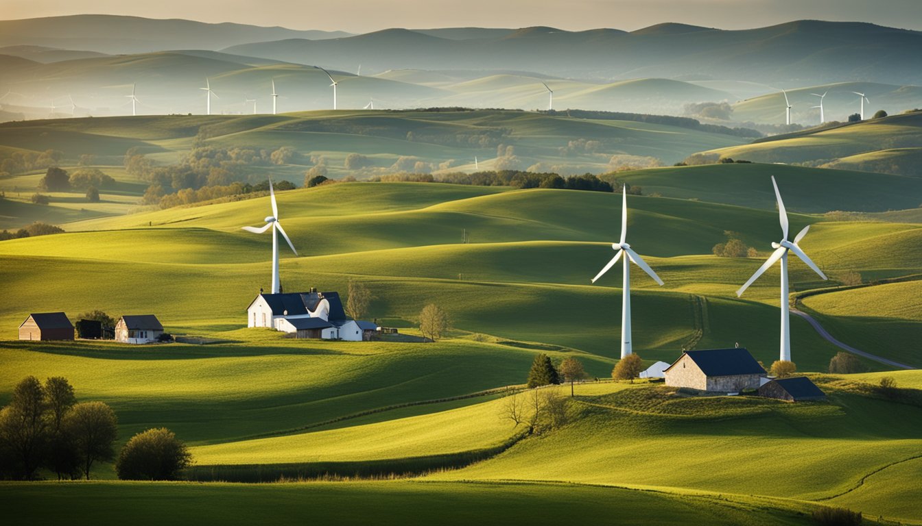 A rural landscape with rolling hills and scattered farmhouses, featuring wind turbines in the distance generating clean energy for the community