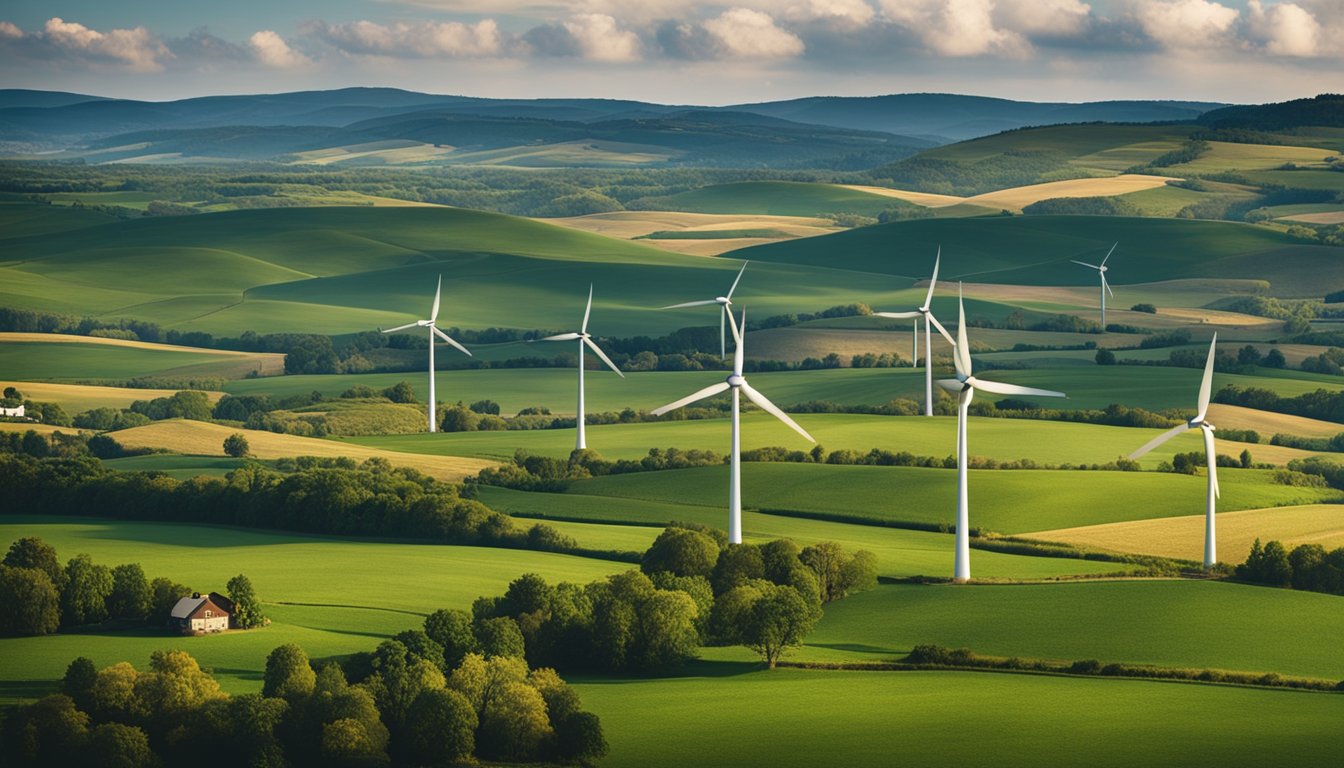 A rural landscape with wind turbines towering over fields and small communities, surrounded by rolling hills and a cloudy sky