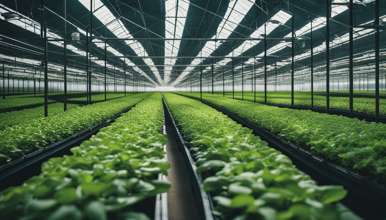 A modern, high-tech greenhouse filled with rows of automated hydroponic systems and LED grow lights, surrounded by fields of sensor-equipped crops