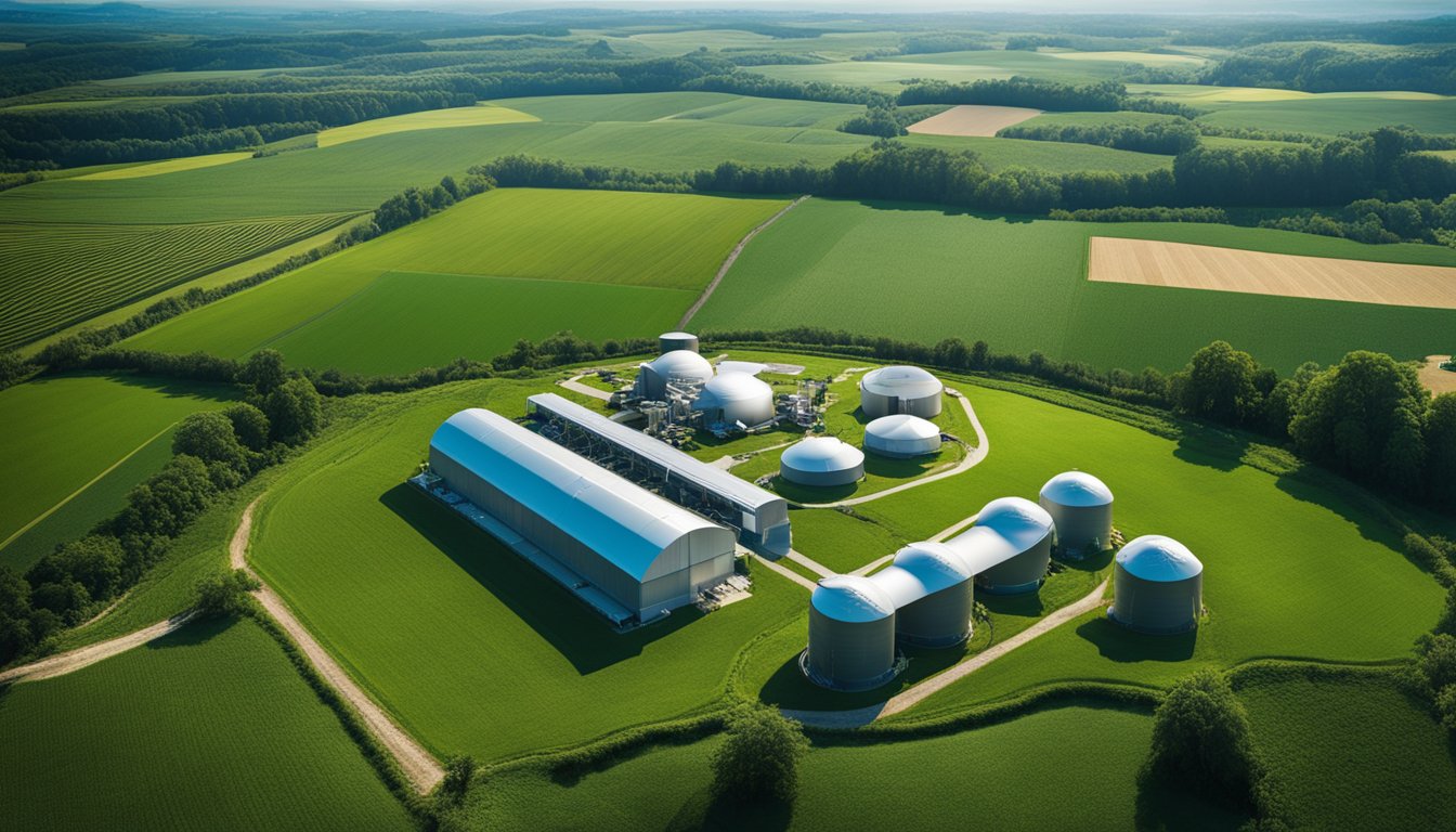 A modern farm with high-tech equipment and digital monitoring systems, surrounded by lush green fields and renewable energy sources