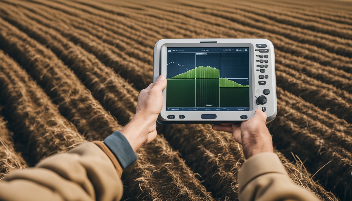 A farmer using advanced technology to monitor crops and livestock on a digital farm in the UK