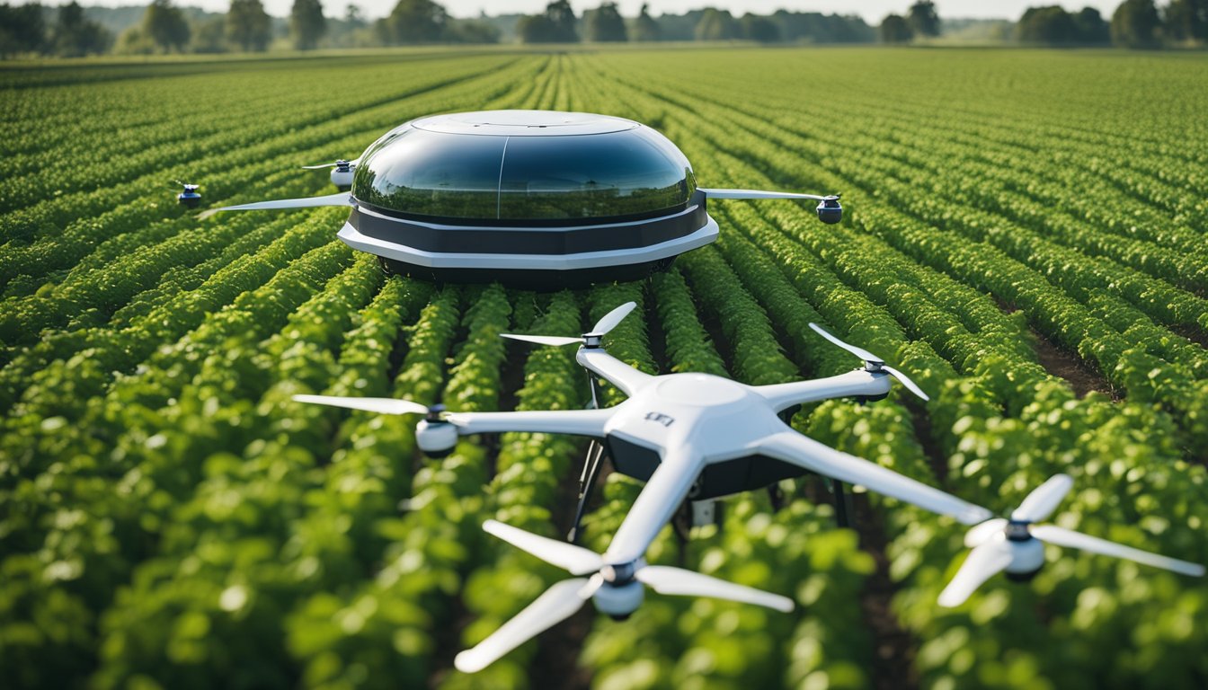 A futuristic farm with AI-powered drones, robotic harvesters, and smart sensors optimizing crop growth and productivity in the UK