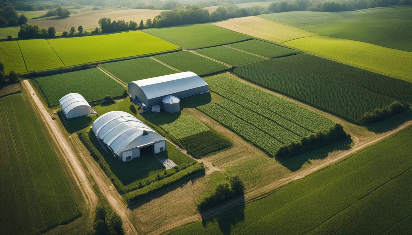 A modern farm with advanced tools and technology, surrounded by lush fields and crops, with a sense of innovation and efficiency in the air