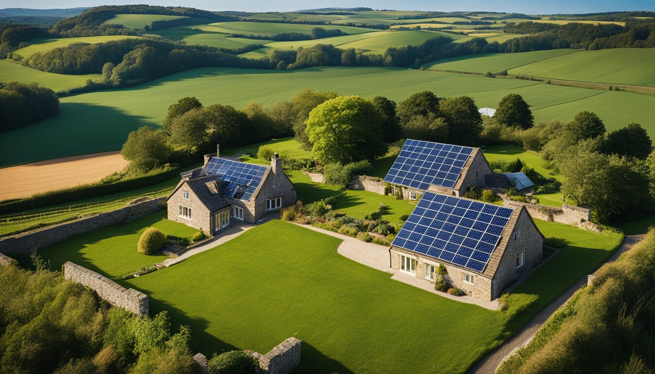 A cozy rural UK home with thick insulation, solar panels, and wind turbines surrounded by lush green fields and a clear blue sky