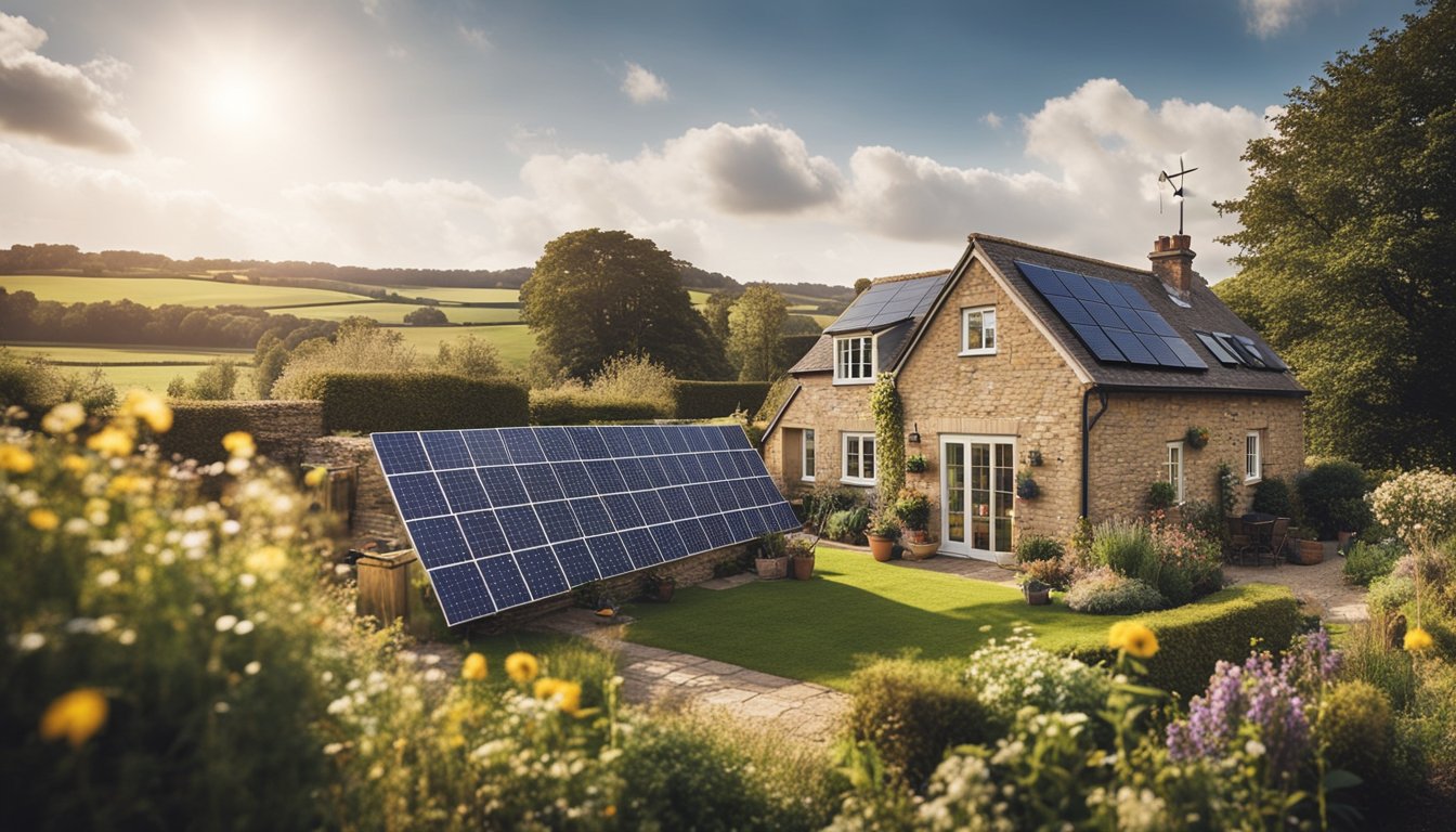 A quaint rural UK home with solar panels on the roof, a wind turbine in the distance, and a small garden with compost bins