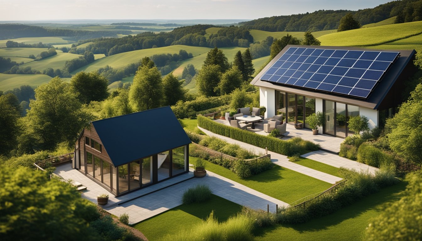 A cozy countryside cottage with solar panels on the roof, a wind turbine in the distance, and a lush green landscape surrounding the home