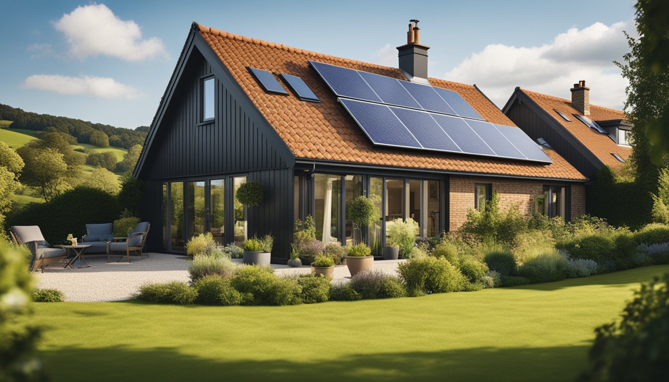 A cozy UK countryside dwelling with solar panels on the roof, a wind turbine in the distance, and a lush green landscape surrounding the home