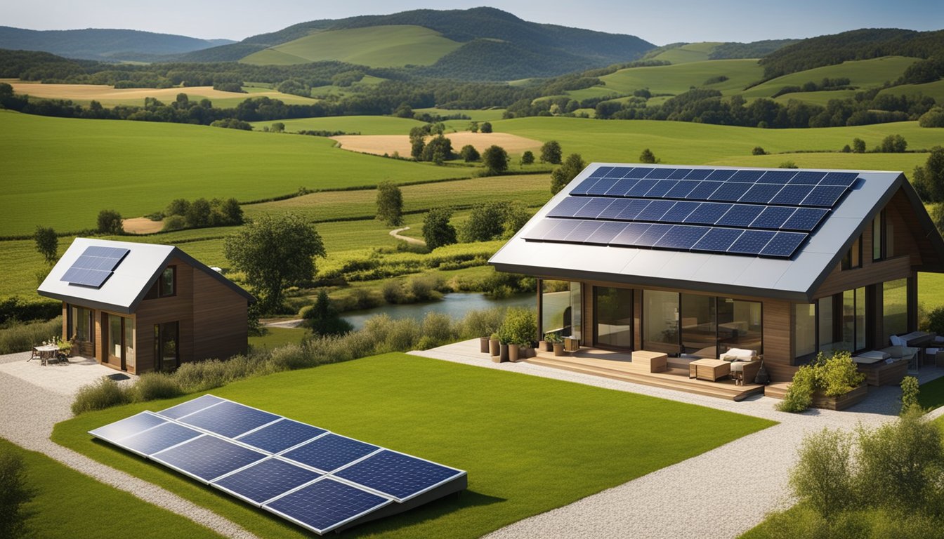 A picturesque countryside landscape with modern, sustainable energy solutions integrated into traditional dwellings. Solar panels, wind turbines, and energy-efficient designs