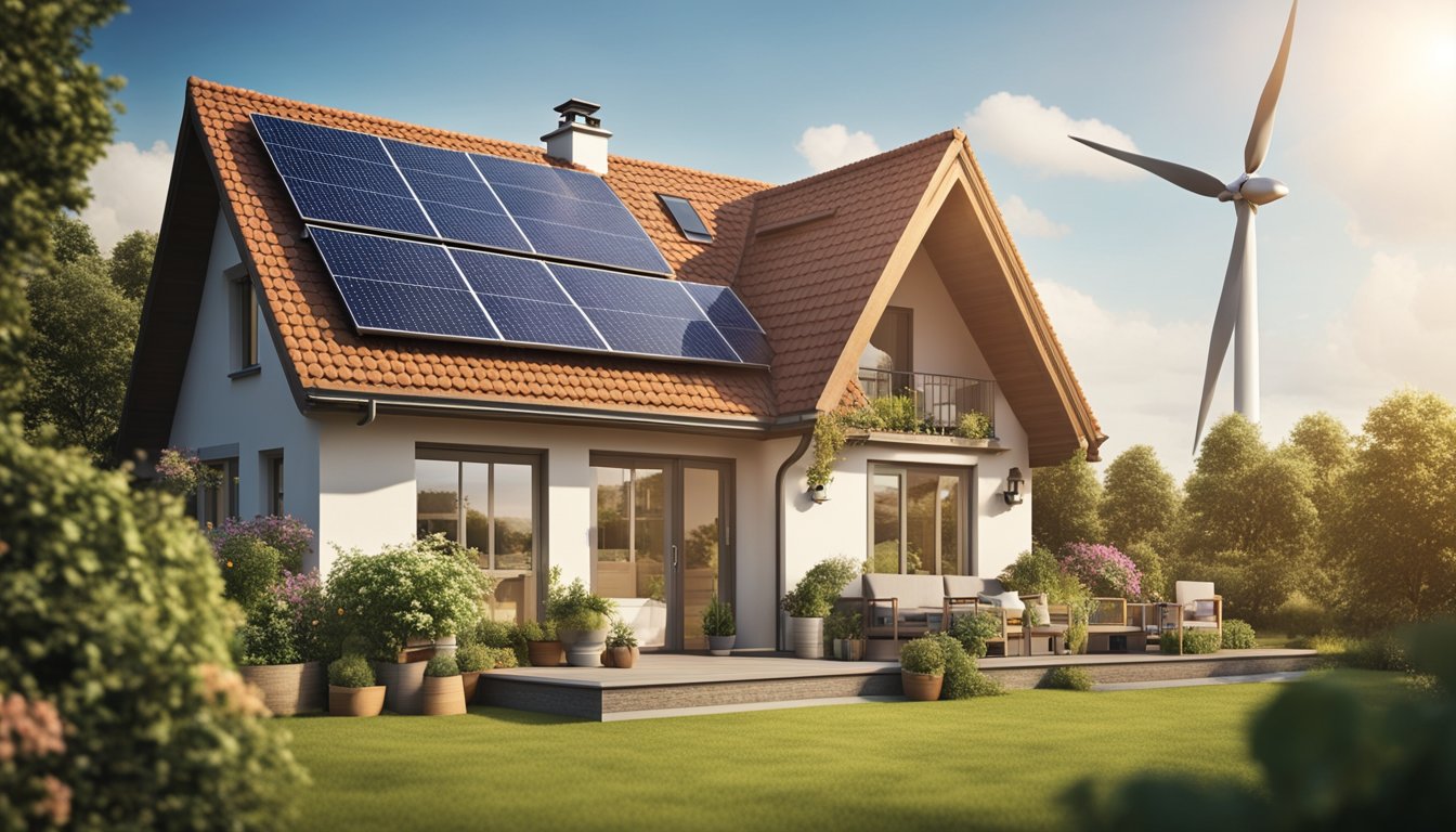 A quaint countryside cottage with solar panels on the roof, a wind turbine in the distance, and a smart energy meter displayed prominently