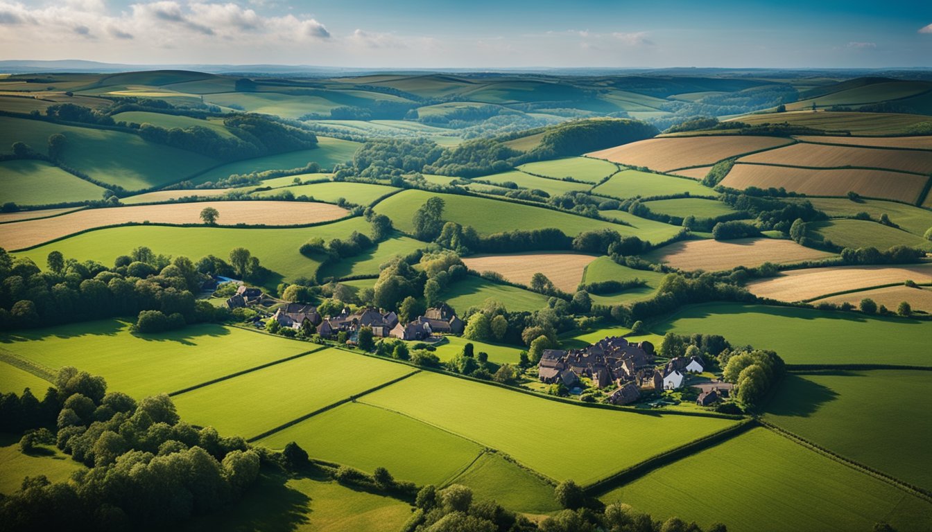 A picturesque UK rural landscape with modern IoT infrastructure integrated into the environment, showcasing connectivity and development