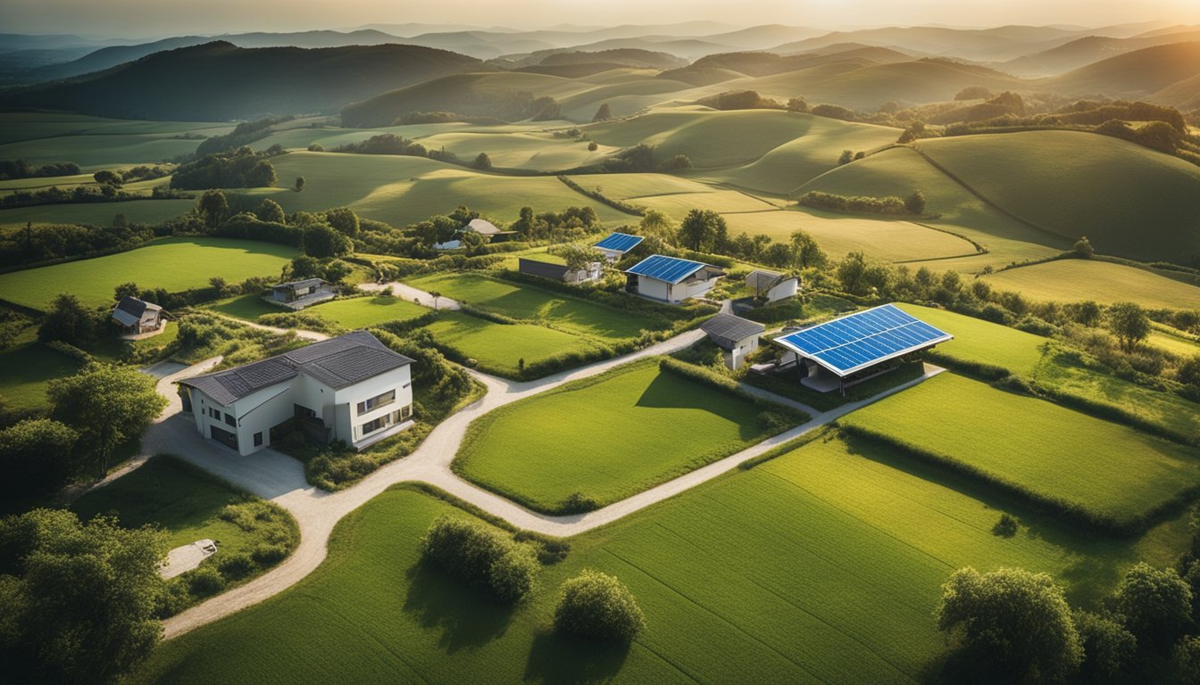 A picturesque countryside landscape with modern IoT devices integrated into rural infrastructure