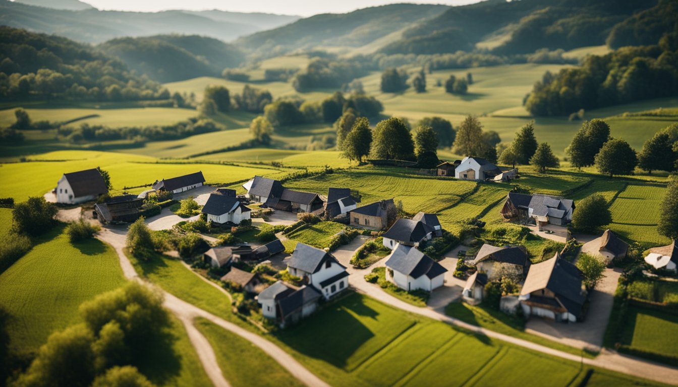 A rural village with smart devices in homes, farms, and public spaces