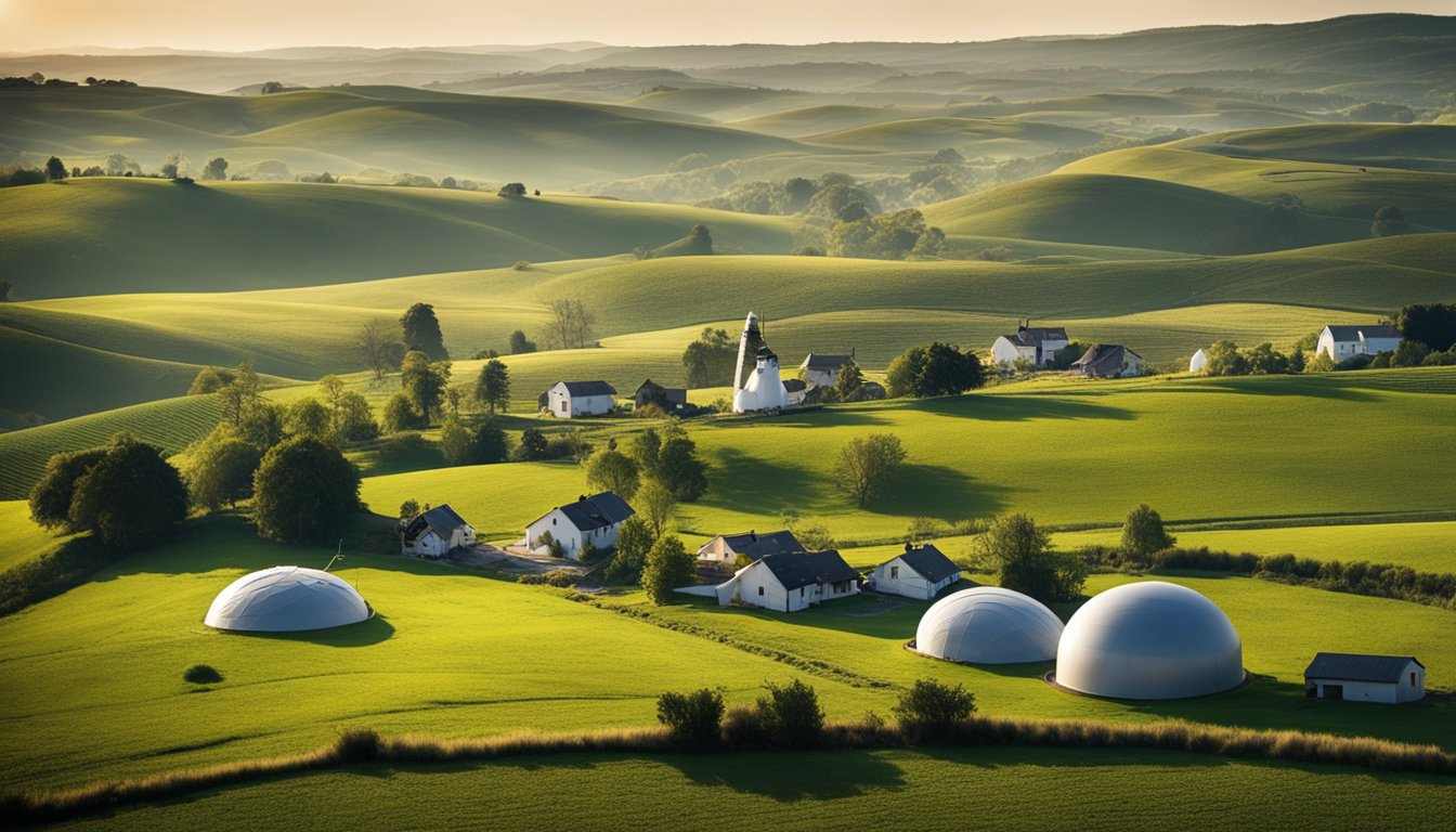 A rural landscape with rolling hills, scattered farmhouses, and a mix of traditional and modern infrastructure, including satellite dishes and fiber optic cables