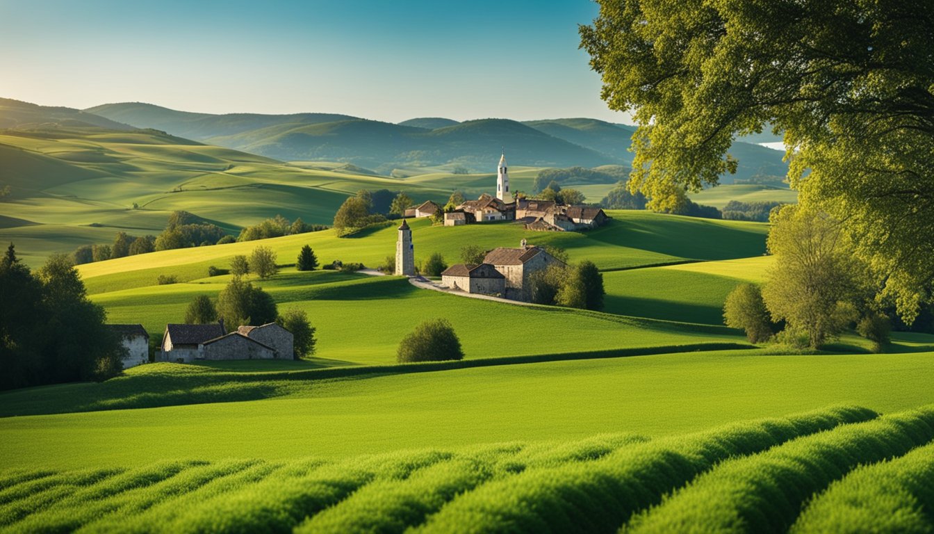 A picturesque countryside landscape with rolling hills, green fields, and a clear blue sky. A small village with traditional houses and a modern internet tower in the background