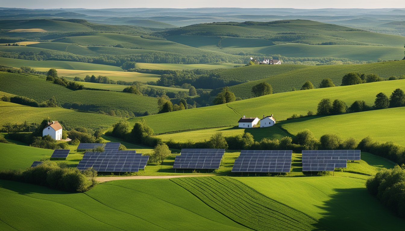 A rolling green countryside landscape with a small village in the distance, surrounded by wind turbines and solar panels