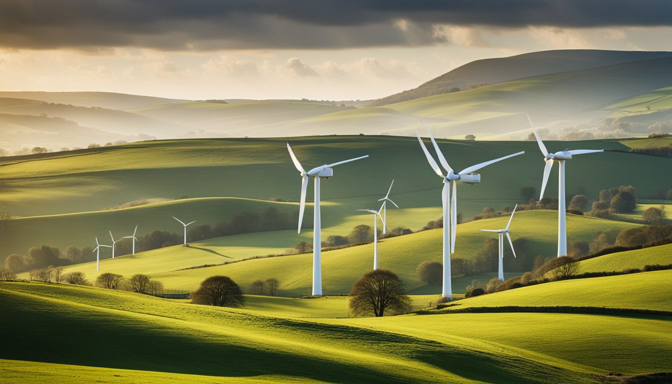 A wind turbine farm stands tall in the rolling hills of the UK countryside, harnessing the power of the wind to generate renewable energy