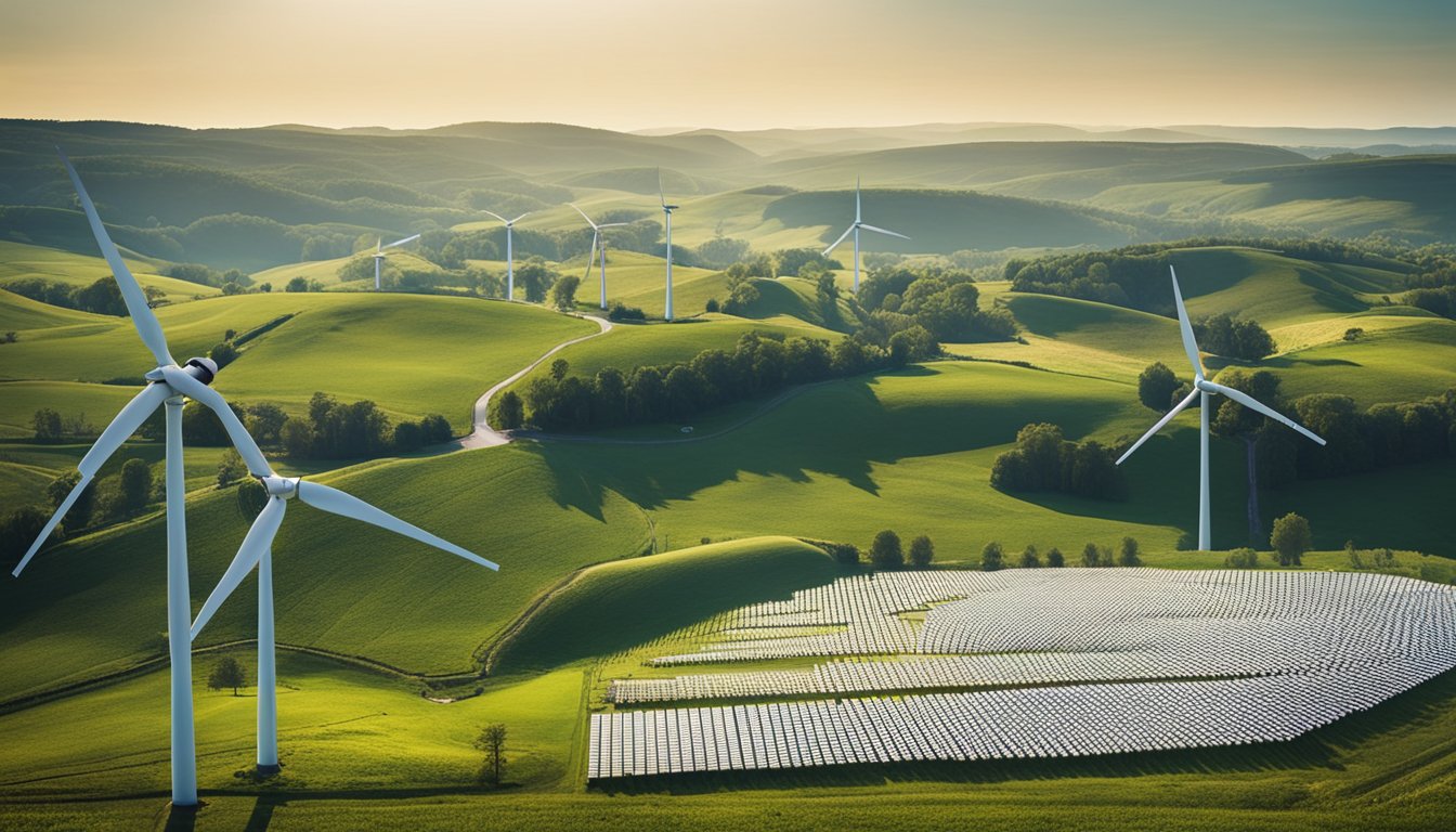 A picturesque countryside landscape with wind turbines and solar panels integrated into the environment, showcasing the implementation of sustainable energy technologies