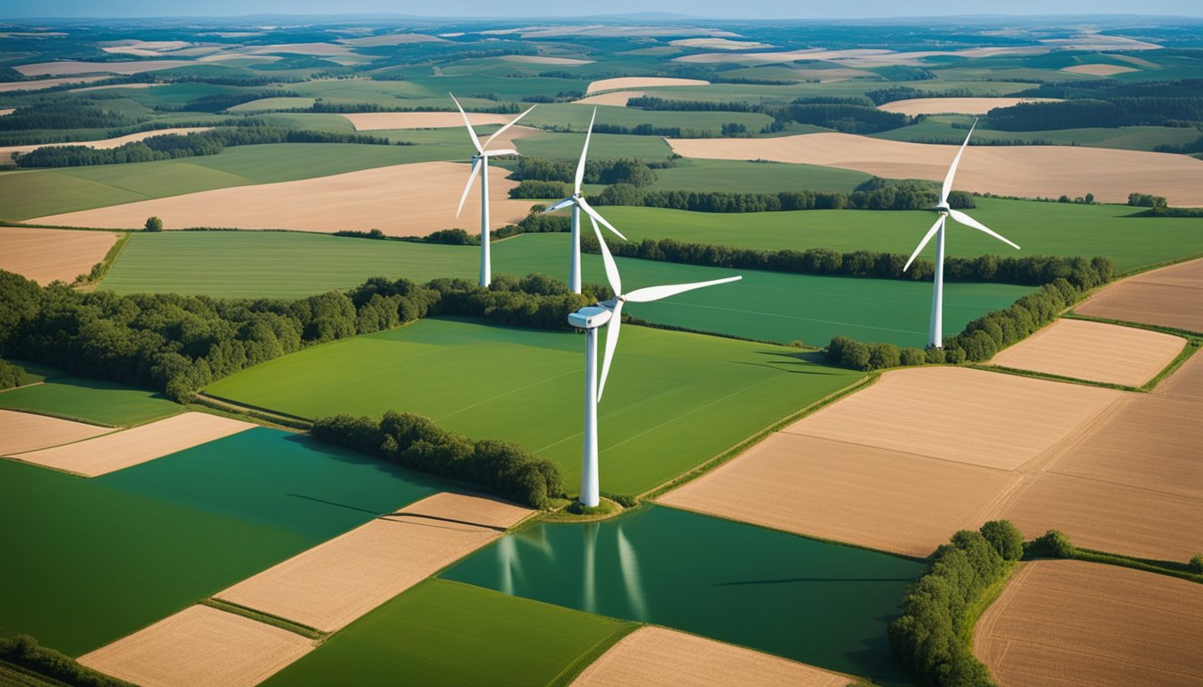 A rolling countryside landscape with wind turbines and solar panels dotted across the fields, under a bright blue sky with fluffy white clouds