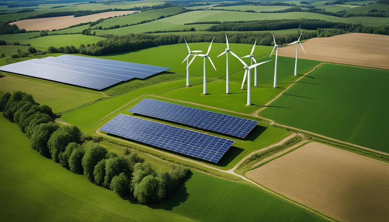 A UK farm with solar panels and wind turbines, surrounded by green fields and grazing livestock