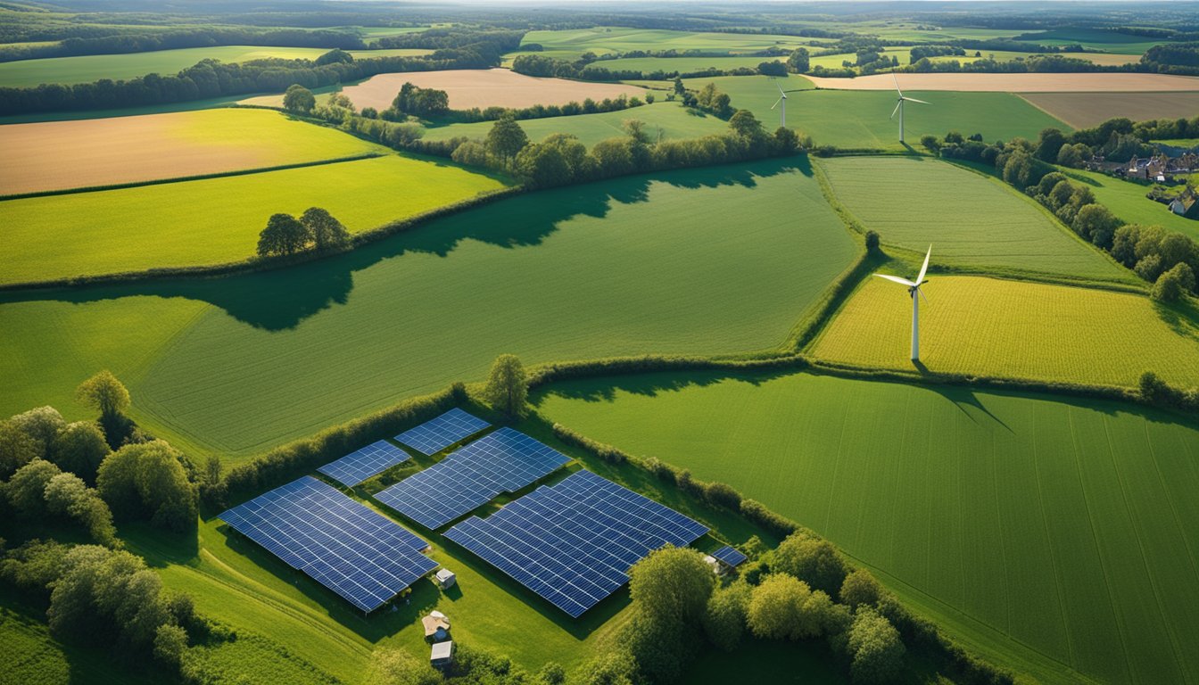 A sprawling UK farm with wind turbines and solar panels, surrounded by green fields and livestock grazing, under a bright blue sky