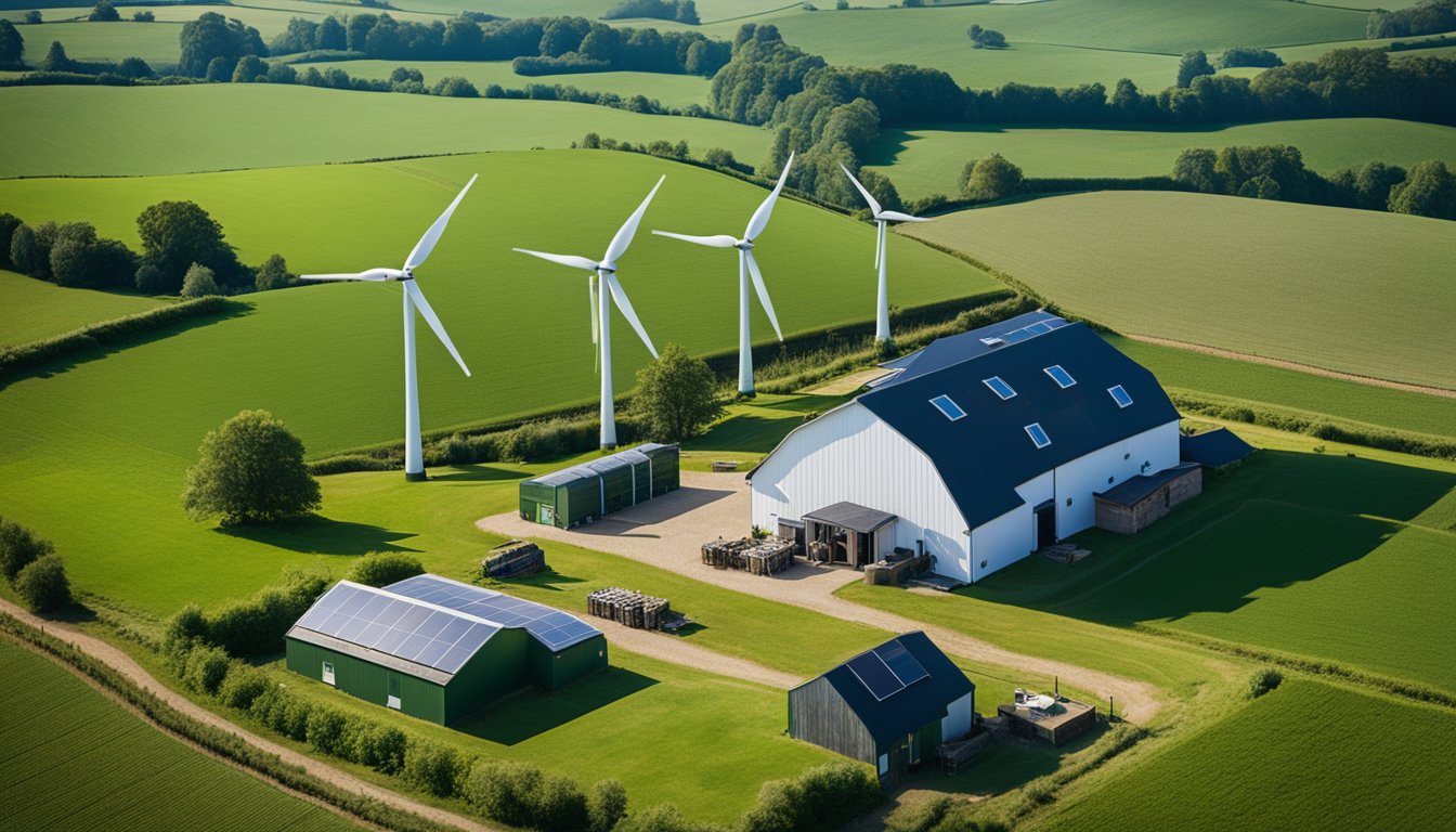 A picturesque UK farm with wind turbines and solar panels, surrounded by green fields and livestock, under a clear blue sky