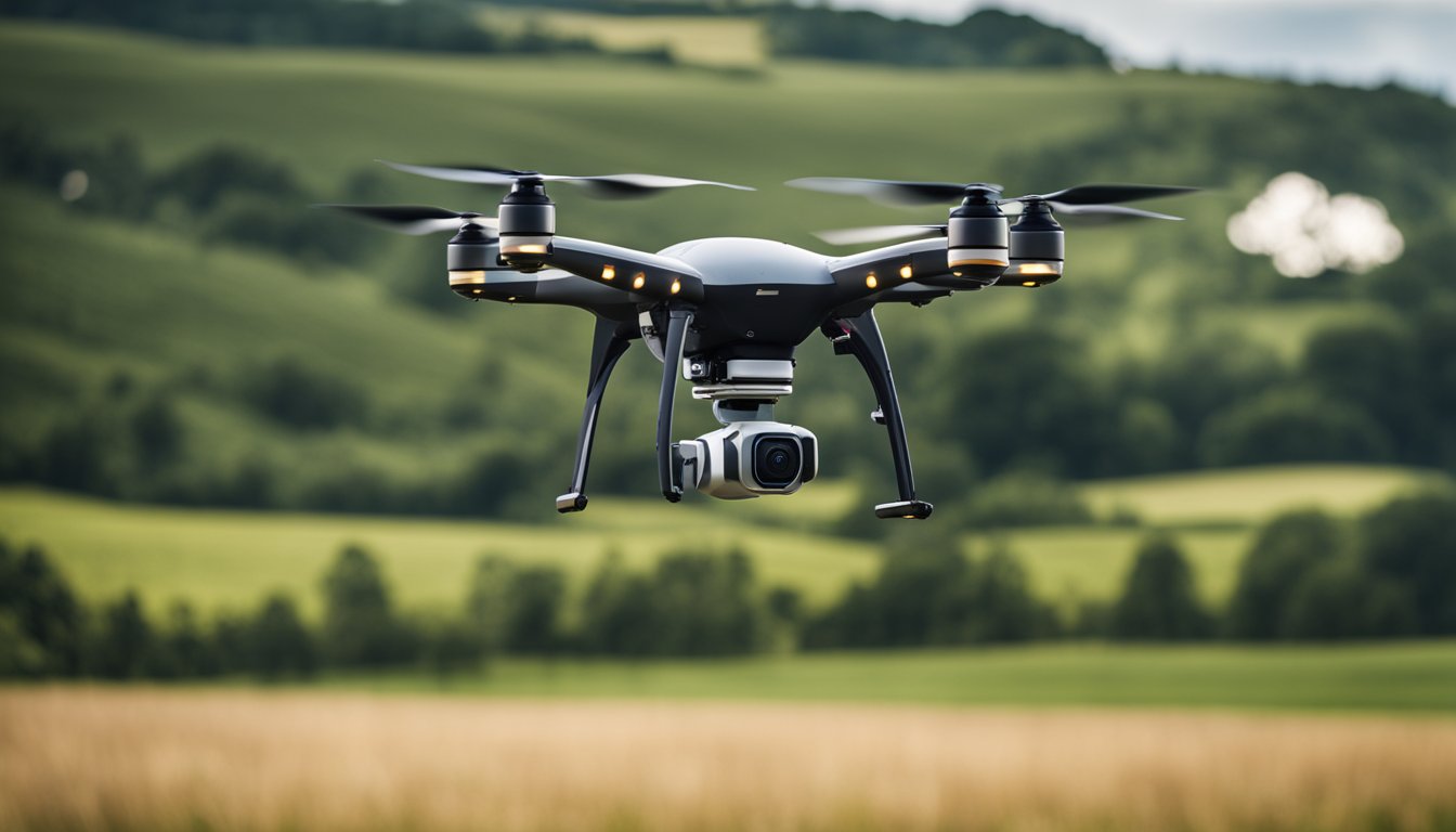 A rural landscape with AI-powered drones delivering internet to remote UK villages