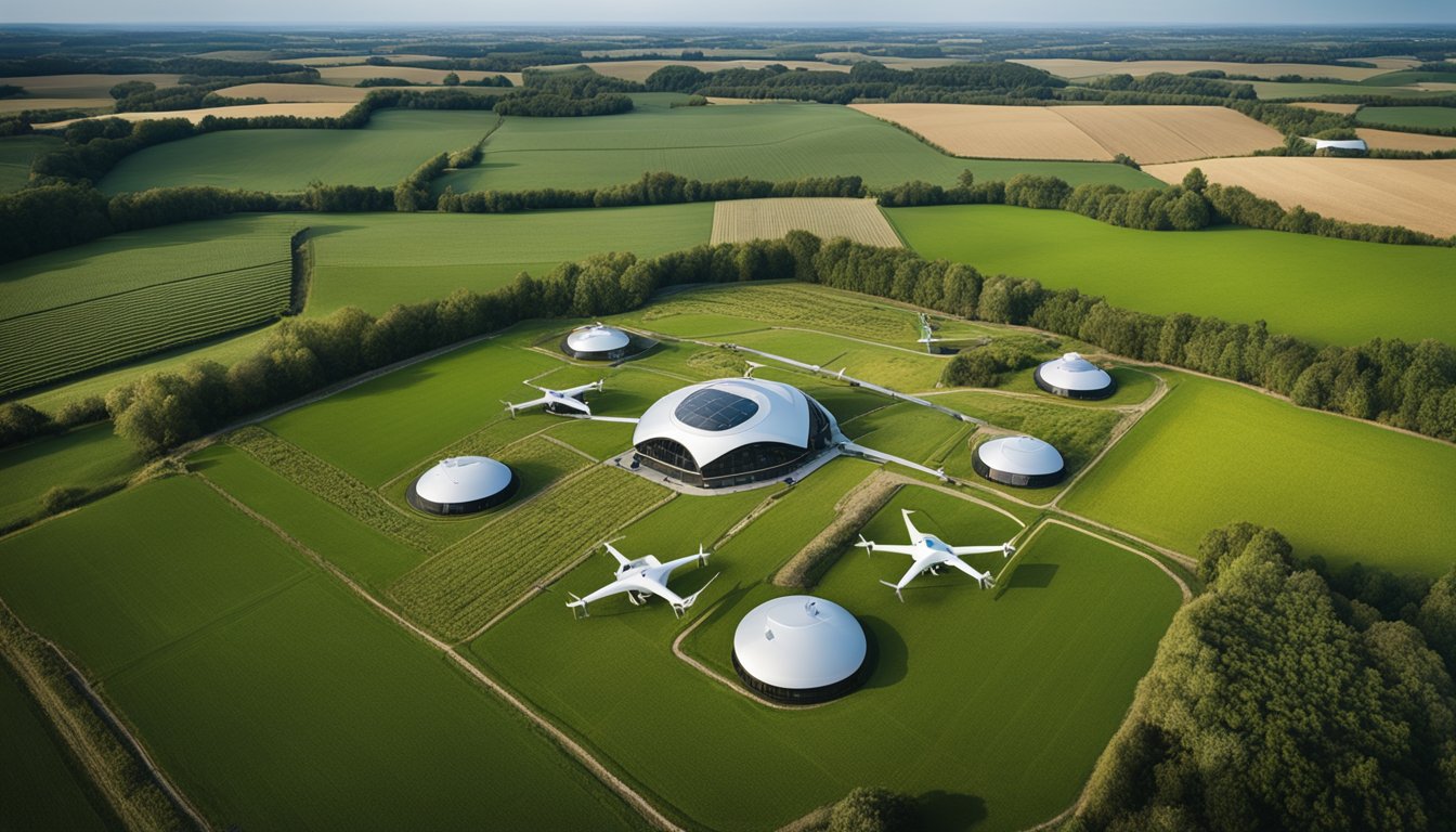 A futuristic farm with AI-powered machinery and drones enhancing rural connectivity and economy in the UK