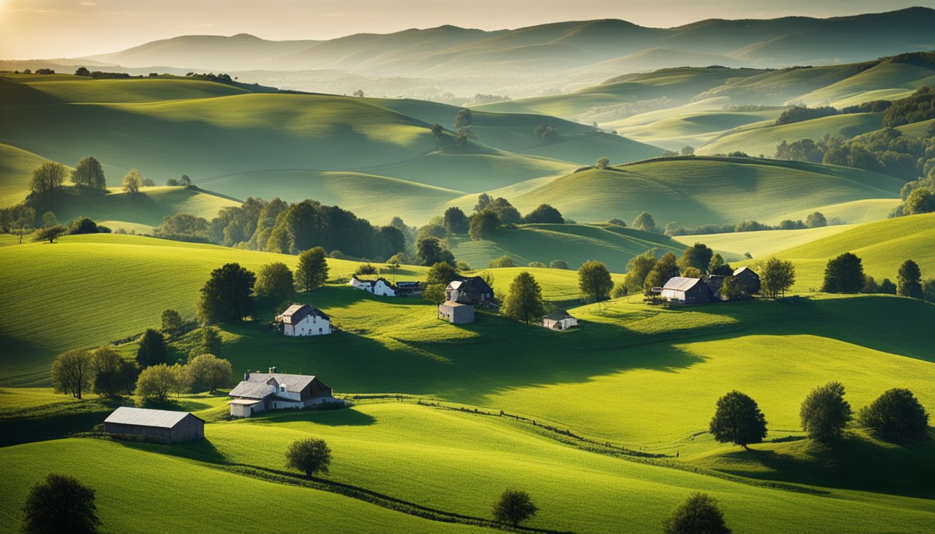 A rural landscape with rolling hills and scattered farmhouses, surrounded by advanced AI technology