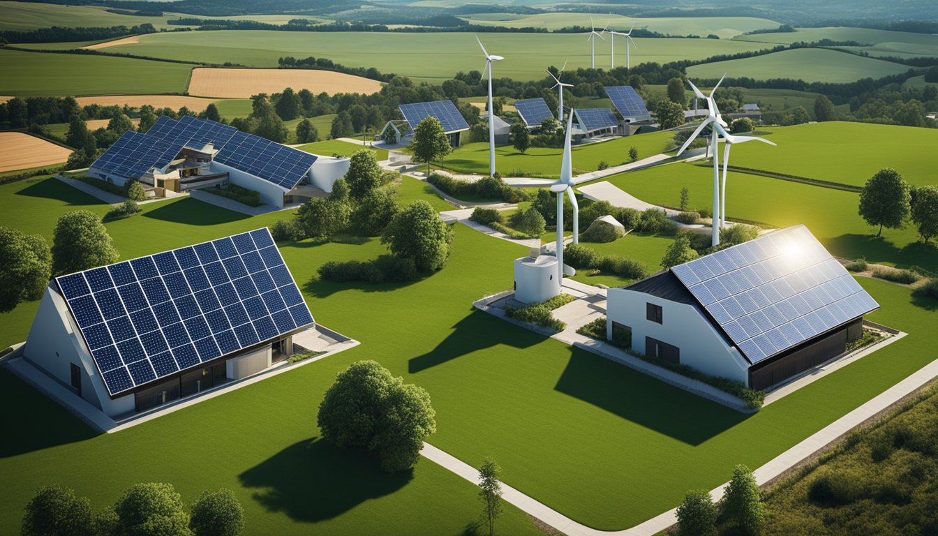 A picturesque countryside landscape with wind turbines, solar panels, and modern infrastructure blending seamlessly with traditional homes