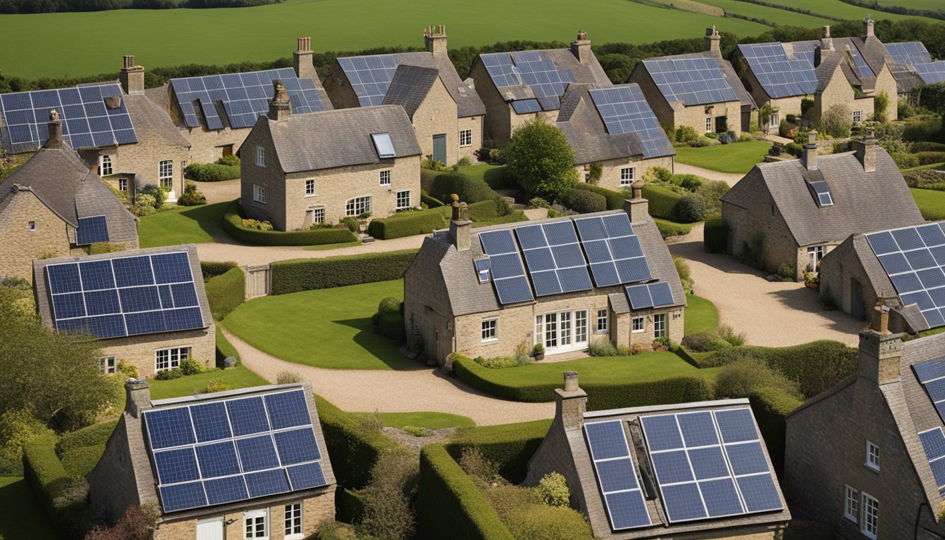 A picturesque countryside landscape with wind turbines and solar panels on the roofs of traditional British homes