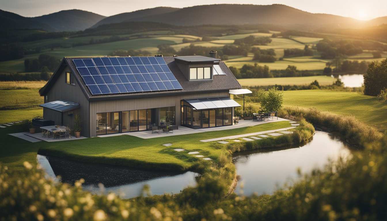 A countryside home with solar panels on the roof, wind turbines in the distance, and a small stream with a hydroelectric generator