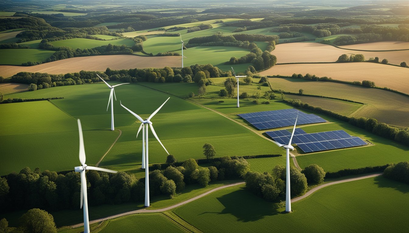 A rural UK landscape with wind turbines, solar panels, and smart grid infrastructure integrated into the countryside