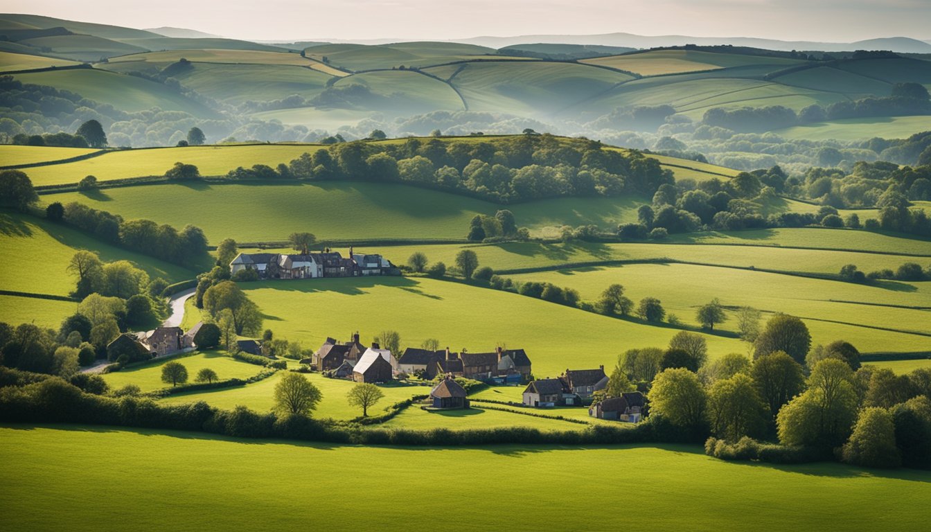 A rural UK landscape with small villages, rolling hills, and smart grid infrastructure