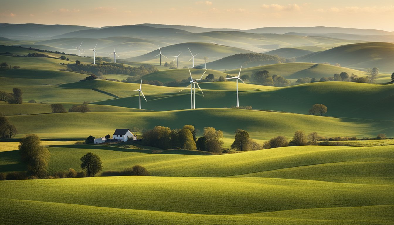 A picturesque rural landscape with rolling hills, scattered farms, and wind turbines dotting the horizon