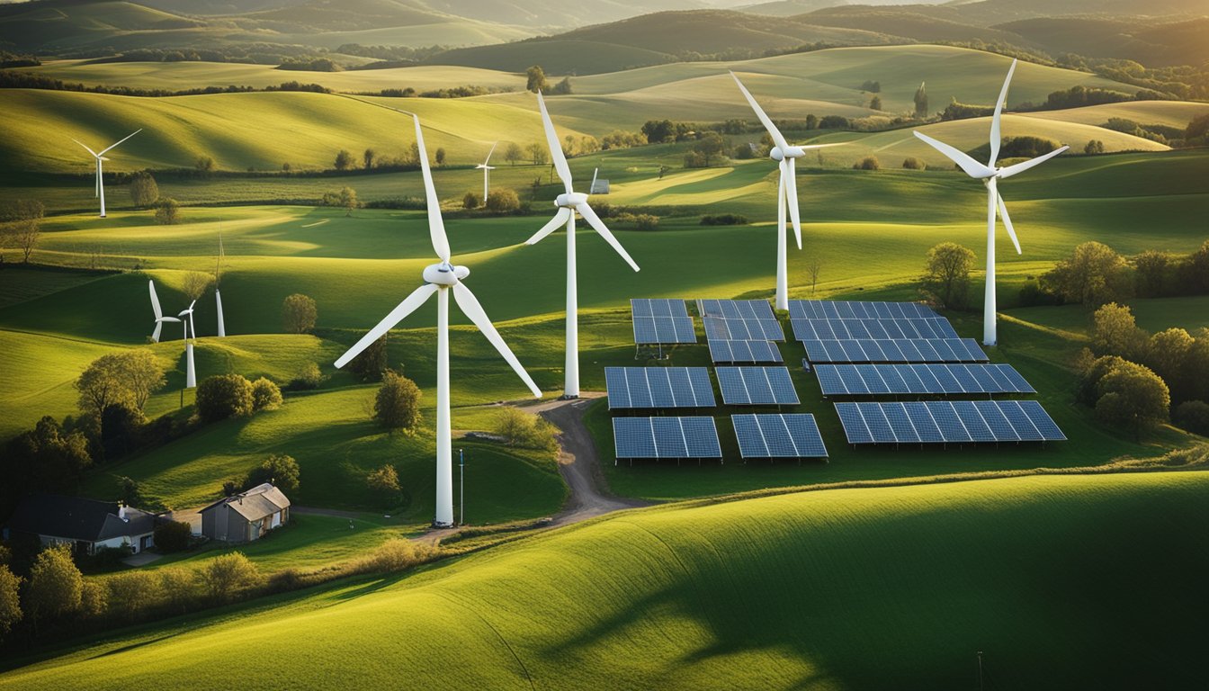 A rural landscape with wind turbines and solar panels, connecting to a network of homes and buildings