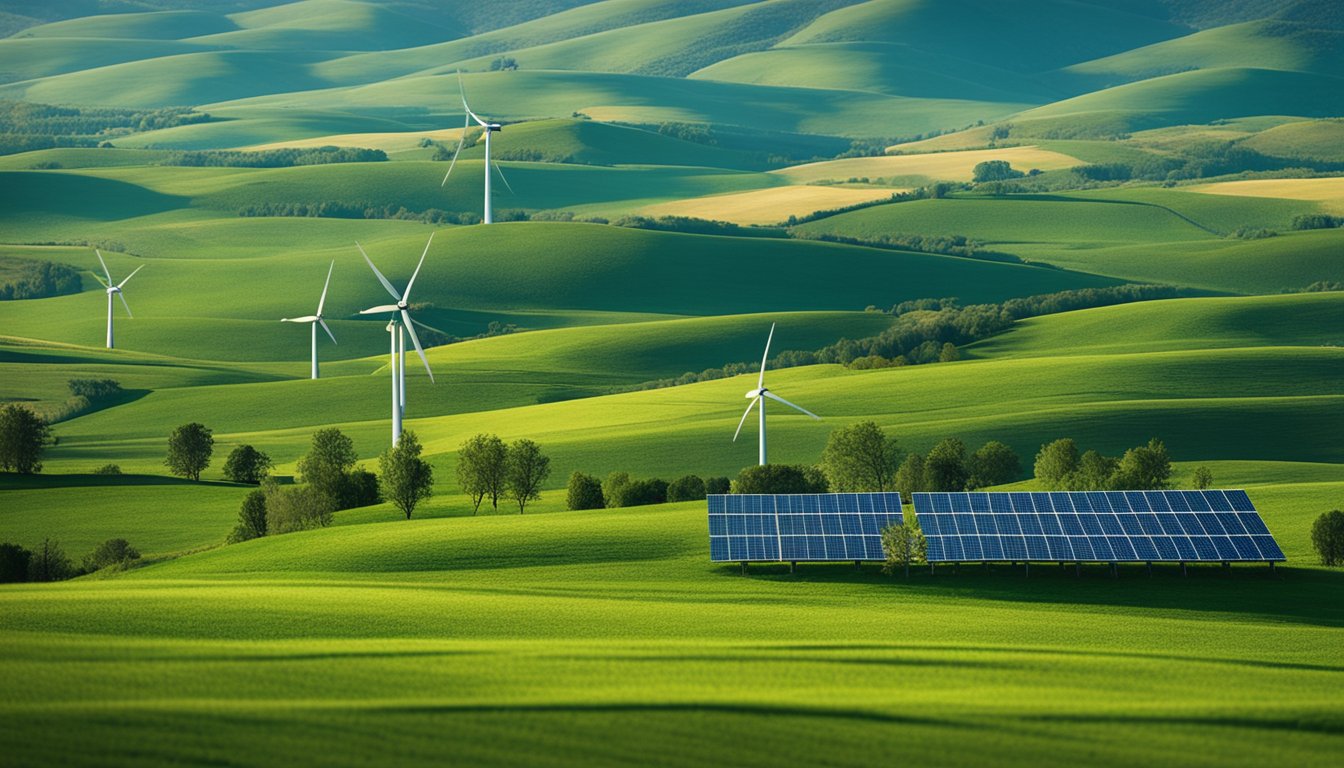 A rural landscape with wind turbines and solar panels, surrounded by rolling hills and green fields