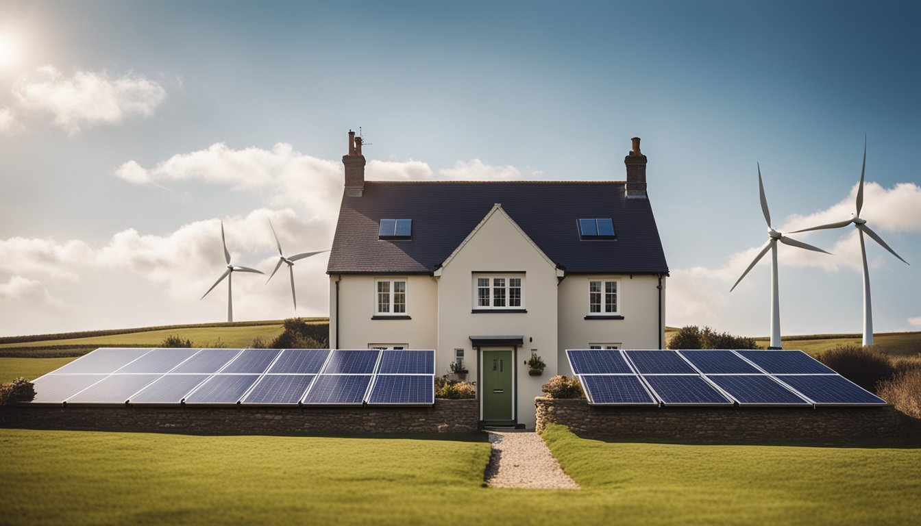 A cozy rural UK home with solar panels, wind turbines, and a water collection system