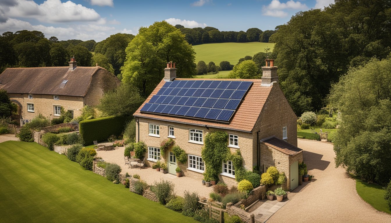 A quaint rural UK home with solar panels on the roof, a smart energy monitor on the wall, and a wind turbine in the backyard