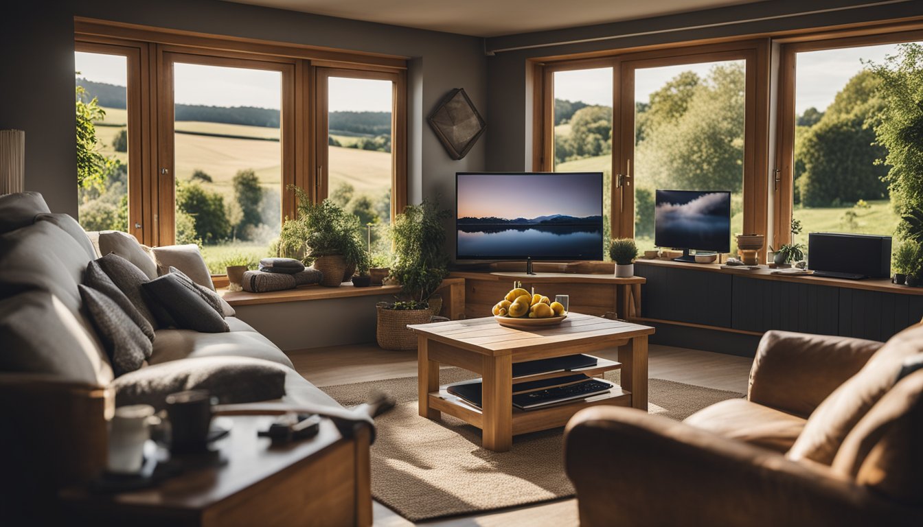 A cozy rural UK home with eco-friendly tech gadgets scattered around, such as solar panels, energy-efficient appliances, and smart home devices