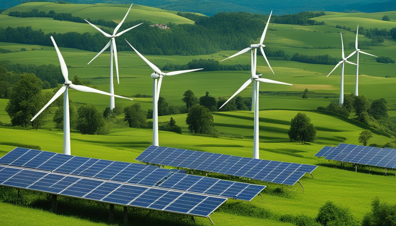 A picturesque rural landscape with solar panels on rooftops, wind turbines in the distance, and energy-efficient homes surrounded by lush greenery