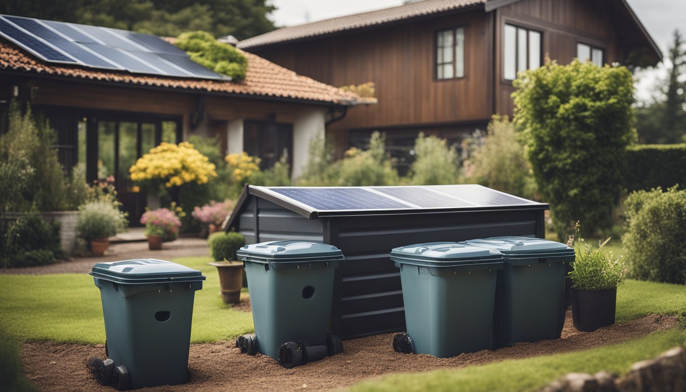 A cozy countryside home with solar panels, a garden with compost bins, and rainwater collection barrels